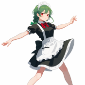 01228-3654301197-Solo, white background, double braid, green hair, dress, short sleeve, maid apron, red eyes, in dance, bow tie.png